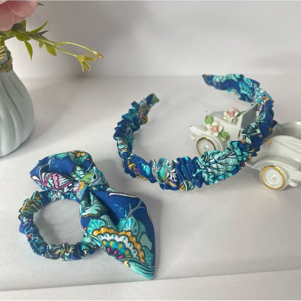 Ruffle Headbands end Scrunchie Set Girls Handmade Hair floral blue